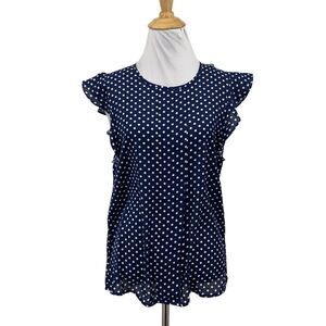 Sweet Habit Top Women S Small Navy White Polka Dots Flutter Sleeve Blouse